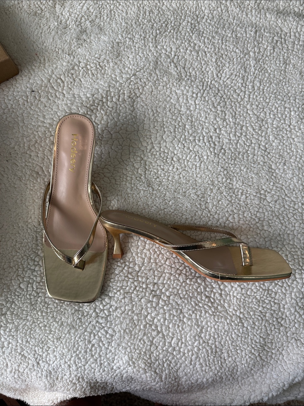 Metallic Gold Square-Toe Kitten Heel Thong Sandals